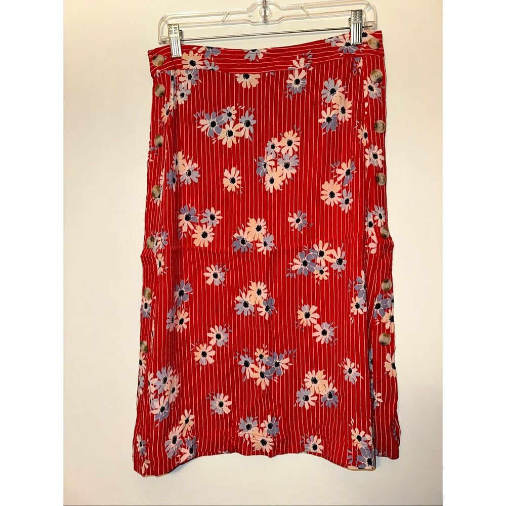 Madewell Women’s Sz 2 Side Button Midi Skirt Daisy Society Red Floral EUC
